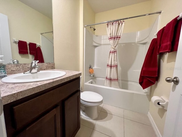 full bathroom featuring tile flooring, vanity, toilet, and shower / bath combo with shower curtain