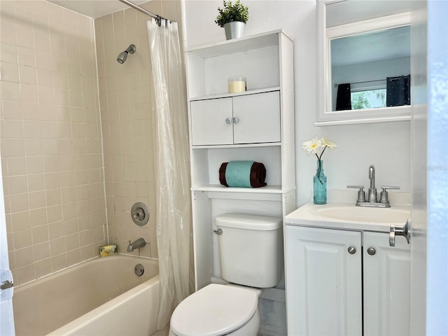 full bathroom featuring shower / bathtub combination with curtain, vanity, and toilet