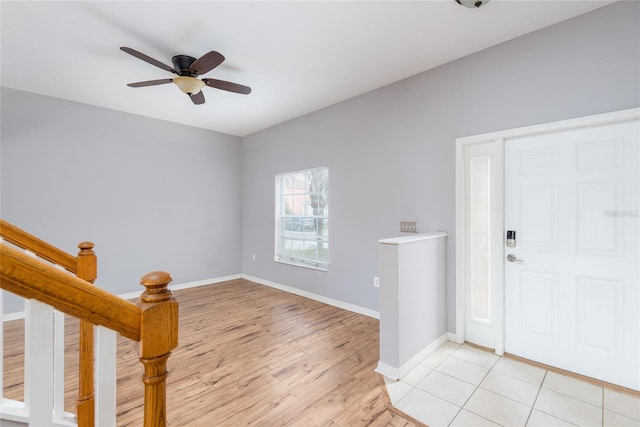 entrance foyer with light wood-type flooring and ceiling fan