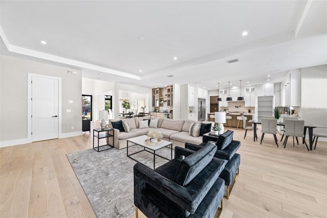 living room with a raised ceiling and light hardwood / wood-style floors