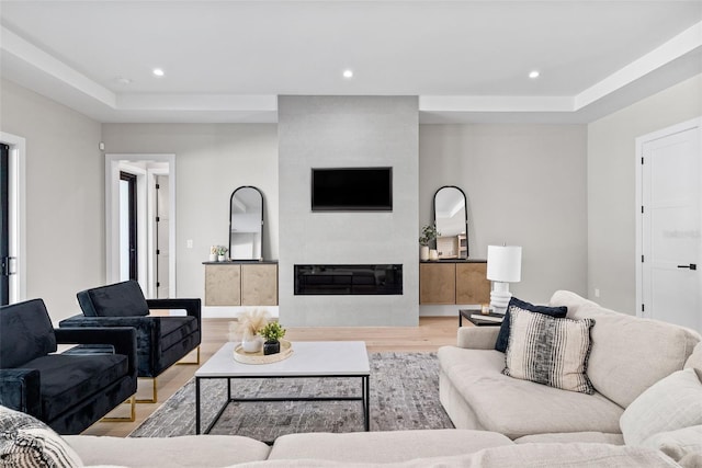 living room featuring a fireplace, a raised ceiling, and light hardwood / wood-style flooring