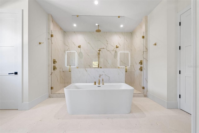 bathroom with tile walls and plus walk in shower