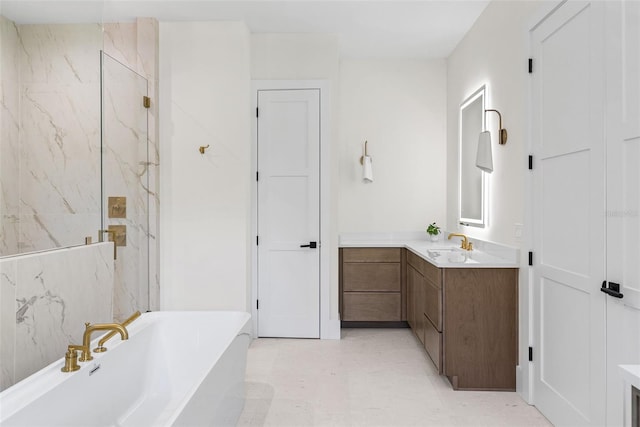 bathroom with independent shower and bath and vanity