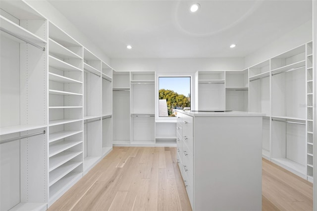 walk in closet with light hardwood / wood-style floors