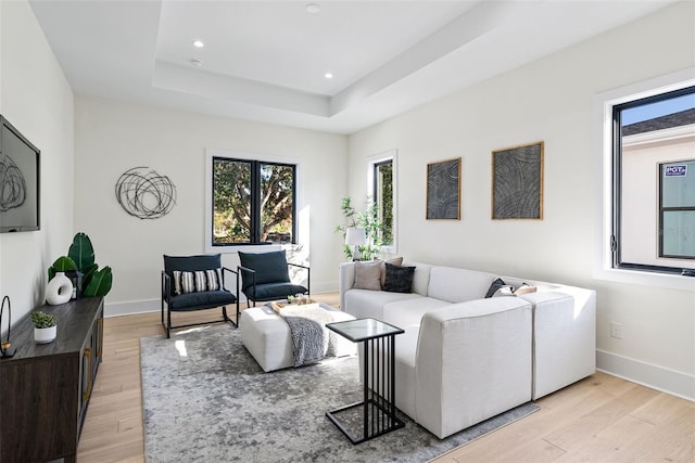 living room featuring a raised ceiling and light wood-type flooring