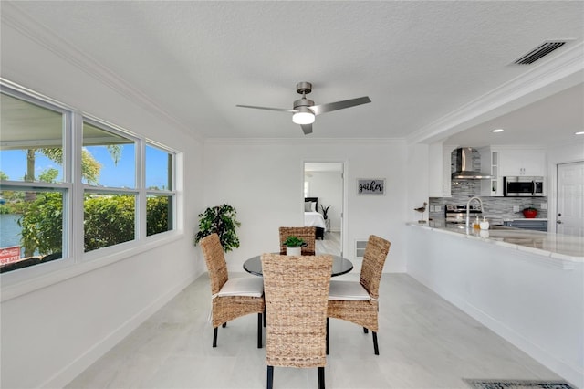 dining space with ceiling fan, ornamental molding, and a textured ceiling