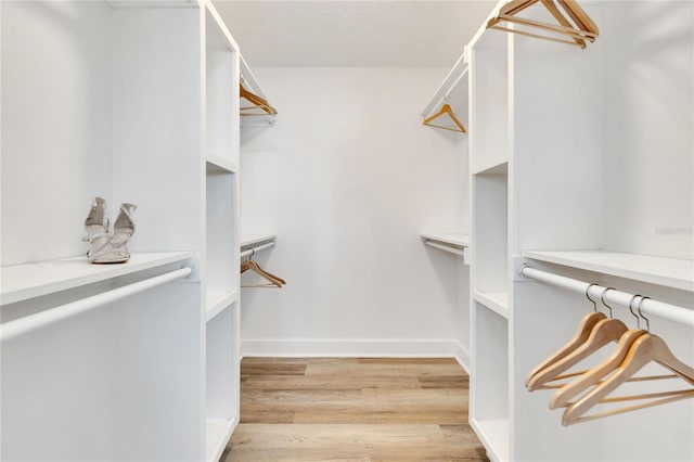 walk in closet with light hardwood / wood-style flooring