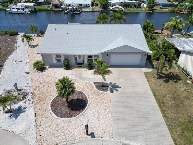 bird's eye view with a water view