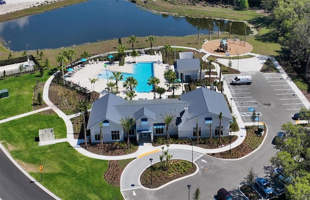 aerial view featuring a water view