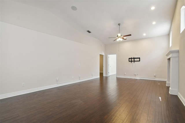 unfurnished living room featuring dark hardwood / wood-style floors, ceiling fan, and high vaulted ceiling