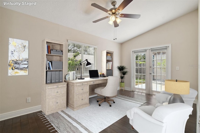 home office with french doors, a wealth of natural light, and dark wood-type flooring