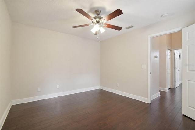 empty room featuring ceiling fan and dark hardwood / wood-style flooring