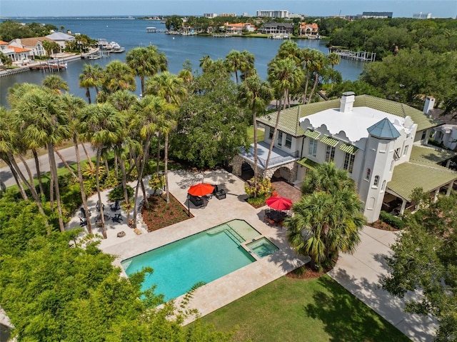 drone / aerial view featuring a water view