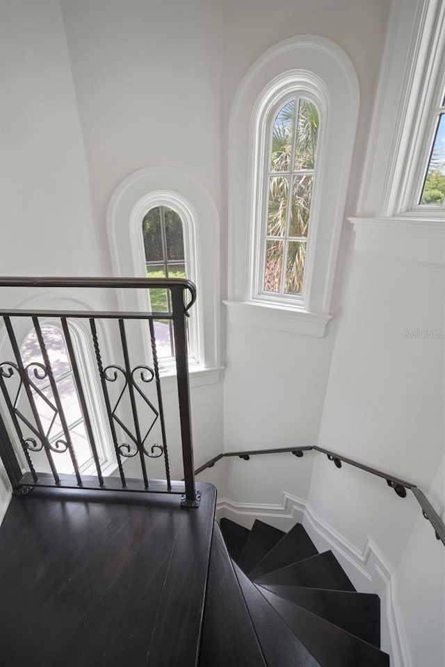 staircase featuring hardwood / wood-style flooring and plenty of natural light