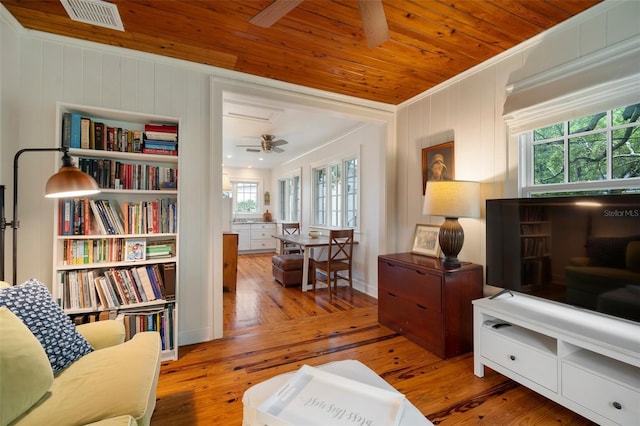 living area featuring hardwood / wood-style floors, wood walls, ceiling fan, ornamental molding, and wood ceiling