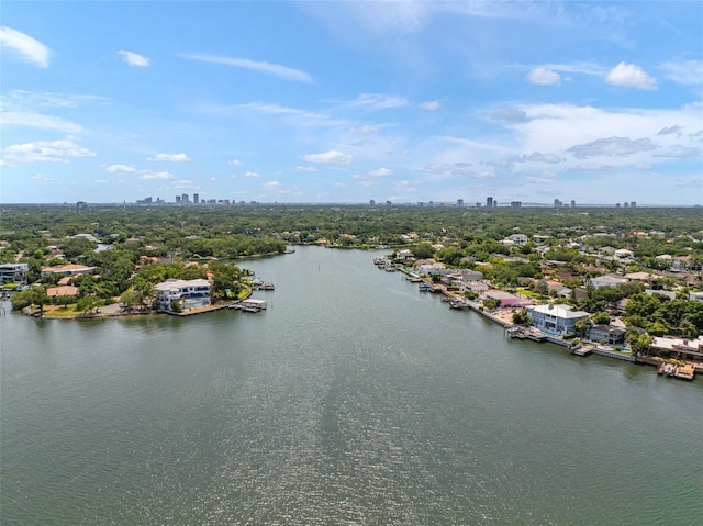 birds eye view of property with a water view