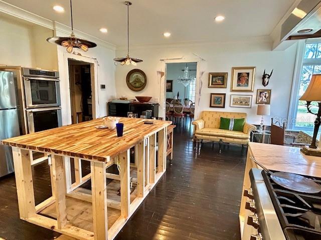 kitchen featuring dark hardwood / wood-style flooring, ornamental molding, stainless steel appliances, ceiling fan, and decorative light fixtures