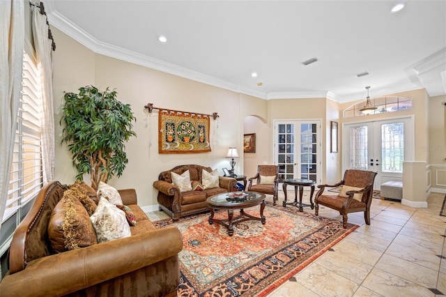 1227 Toscano Dr, Trinity, FL 34655 - living room featuring french doors, ornamental molding, recessed lighting, baseboards, and light marble finish flooring