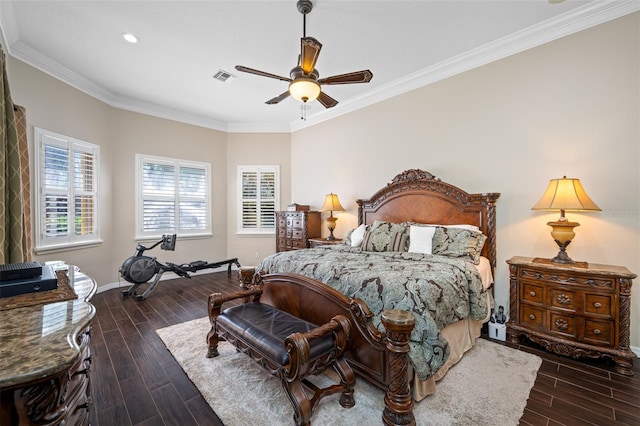 1227 Toscano Dr, Trinity, FL 34655 - bedroom with ornamental molding, wood finished floors, recessed lighting, baseboards, and a ceiling fan