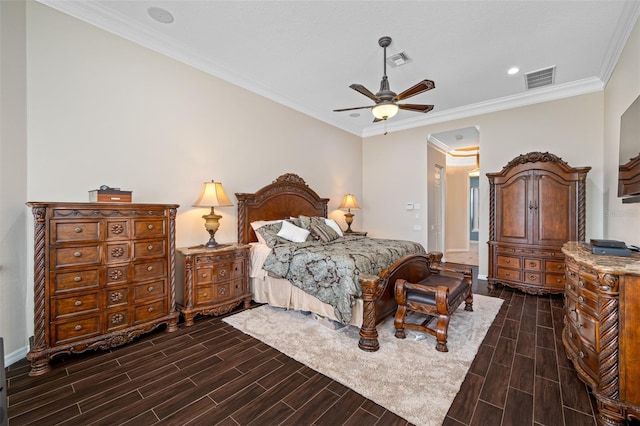 bedroom featuring ceiling fan, crown molding, and dark wood-type flooring