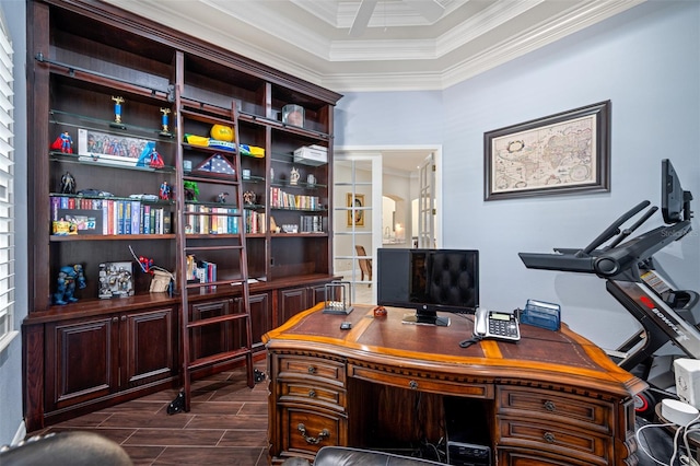 office featuring dark hardwood / wood-style floors and ornamental molding