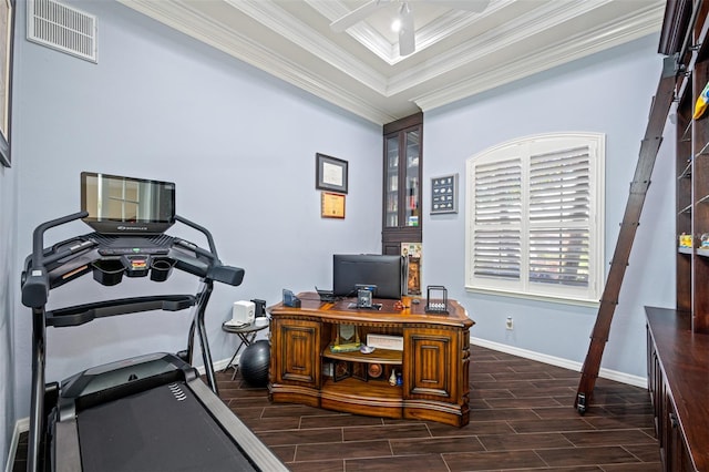 1227 Toscano Dr, Trinity, FL 34655 - office with wood finish floors, crown molding, baseboards, and a ceiling fan