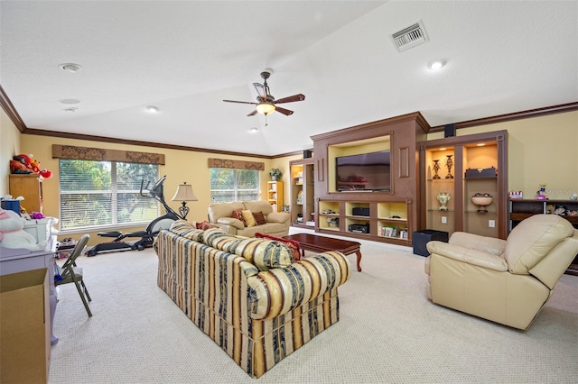 1227 Toscano Dr, Trinity, FL 34655 - living area with carpet floors, ornamental molding, a ceiling fan, and lofted ceiling