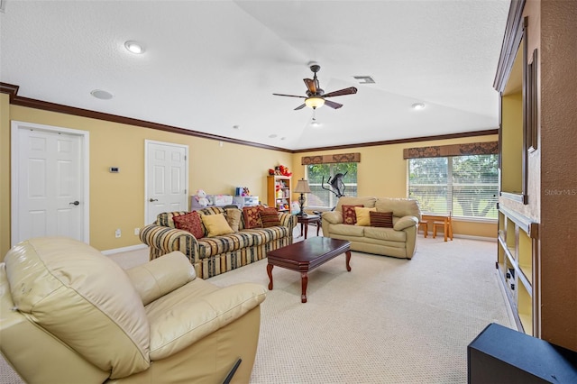 1227 Toscano Dr, Trinity, FL 34655 - living room with light carpet, ceiling fan, crown molding, baseboards, and recessed lighting
