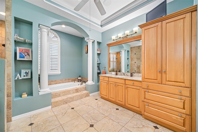 bathroom with ornate columns, vanity, separate shower and tub, ceiling fan, and crown molding