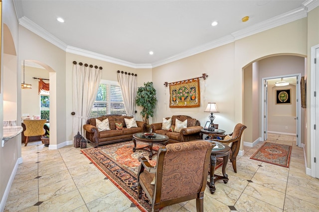 1227 Toscano Dr, Trinity, FL 34655 - living area with arched walkways, ornamental molding, recessed lighting, and baseboards