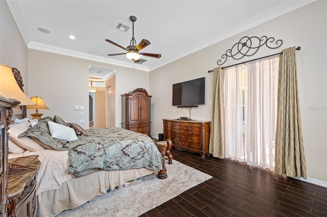 1227 Toscano Dr, Trinity, FL 34655 - bedroom featuring crown molding, wood finished floors, baseboards, recessed lighting, and ceiling fan