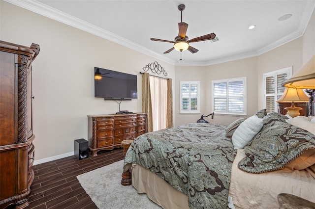 1227 Toscano Dr, Trinity, FL 34655 - bedroom featuring baseboards, wood tiled floors, crown molding, recessed lighting, and ceiling fan