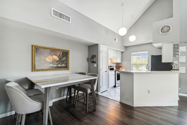 kitchen featuring kitchen peninsula, electric range oven, high vaulted ceiling, wood-type flooring, and white cabinets