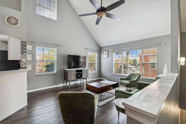 living room featuring high vaulted ceiling, ceiling fan, plenty of natural light, and dark wood-type flooring