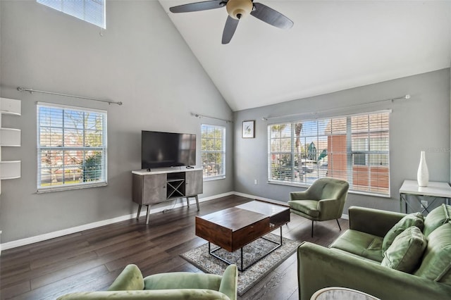 living room with high vaulted ceiling, ceiling fan, and dark hardwood / wood-style flooring