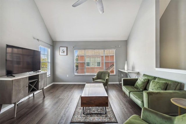 living room with high vaulted ceiling, dark wood-type flooring, and ceiling fan