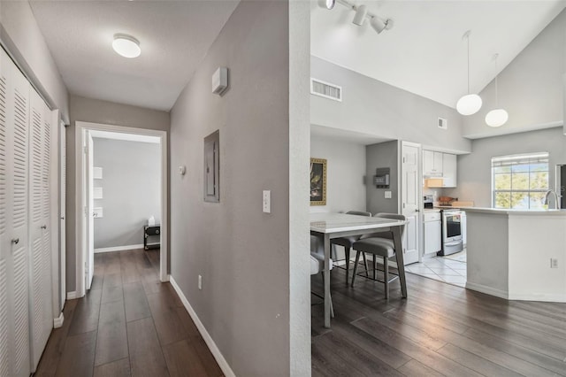 hallway featuring sink, high vaulted ceiling, hardwood / wood-style flooring, and track lighting