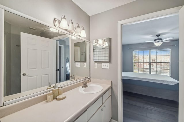 bathroom with ceiling fan, hardwood / wood-style flooring, and large vanity