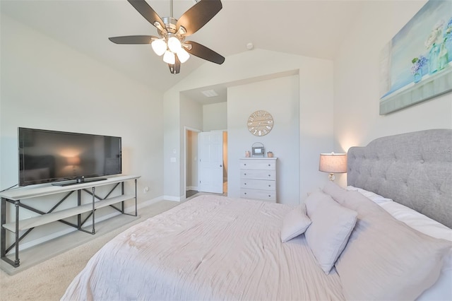 bedroom with light carpet, ceiling fan, and vaulted ceiling