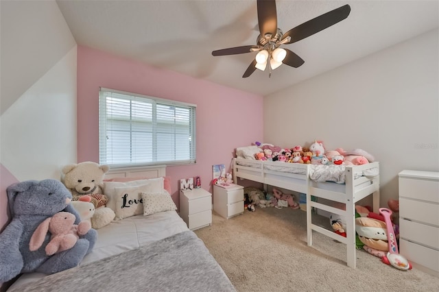 bedroom featuring light carpet and ceiling fan