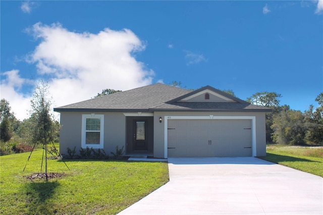 ranch-style home with concrete driveway, roof with shingles, stucco siding, an attached garage, and a front yard