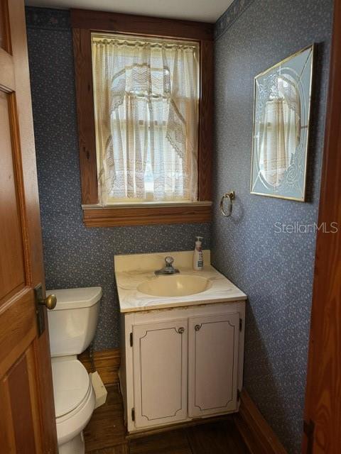 bathroom with vanity with extensive cabinet space, toilet, and wood-type flooring