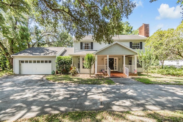 view of front of property featuring a chimney, driveway, a porch, and an attached garage