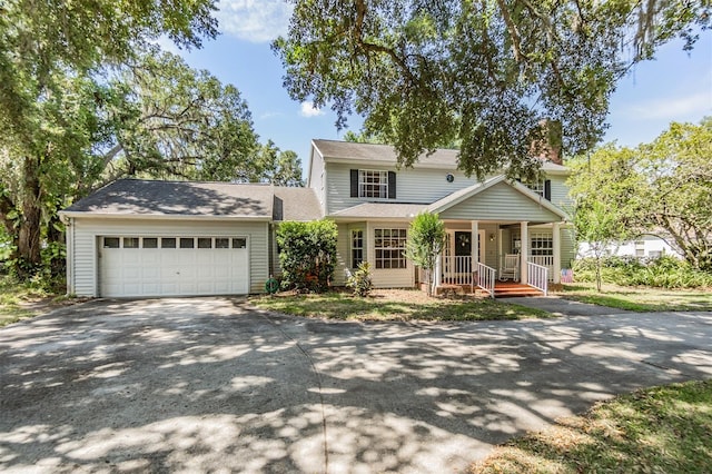 traditional-style house featuring covered porch, an attached garage, a chimney, and driveway