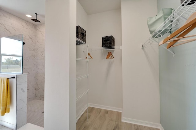 spacious closet featuring light hardwood / wood-style floors