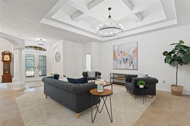 living room with beam ceiling, french doors, coffered ceiling, and light tile floors