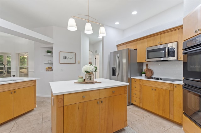 kitchen featuring light tile flooring, pendant lighting, black appliances, a kitchen island, and backsplash