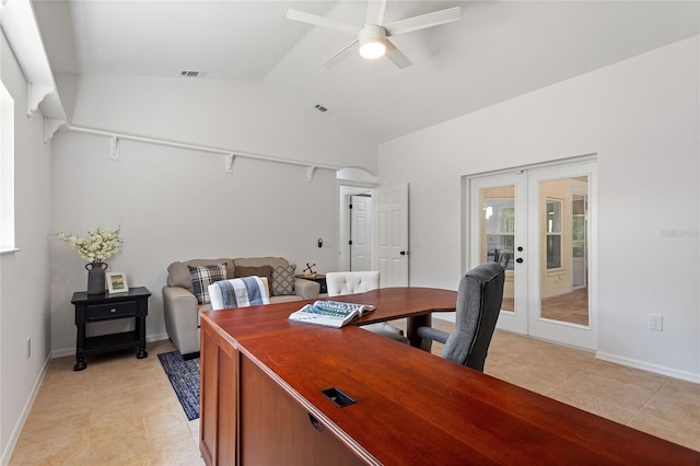 interior space featuring ceiling fan, light tile flooring, french doors, and lofted ceiling