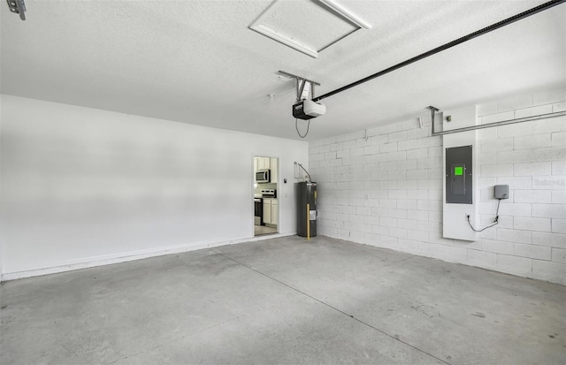 garage with electric panel, a garage door opener, and water heater