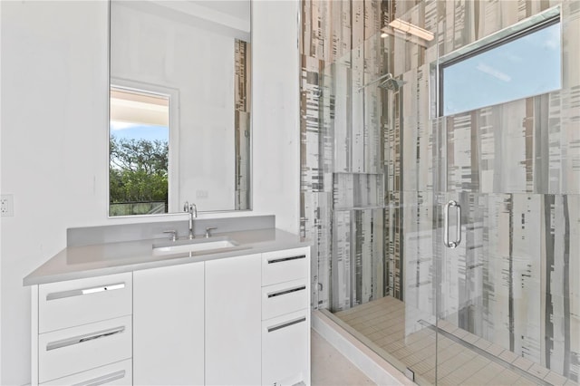 bathroom with vanity and a shower stall